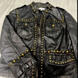 NWOT COOL CACHE BOMBER DISTRESSEDFAUX LEATHER BLK W/ BRASS HARDWARE S/S JACKET